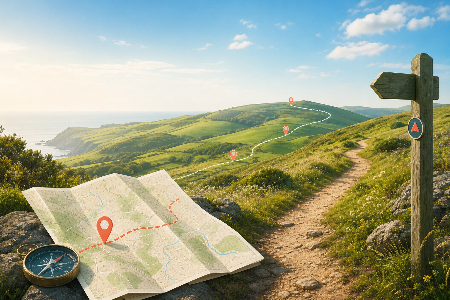 Illustrated walking trail with a map, route markers, and direction signs.